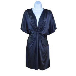 Glam Vintage Soul Silk Slip Dress Black LBD Size Large Short Sleeve Low Cut